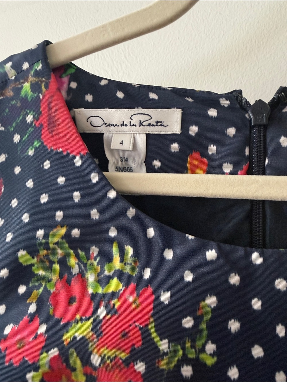 NWOT Oscar de la Renta Navy Floral Polka Dot Fit & Flare Dress - Picture 2 of 7